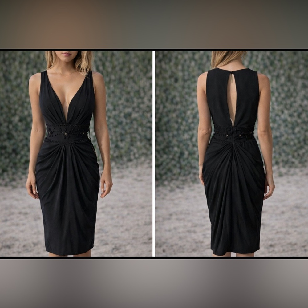 JJs House Dress Black 8 NWT Wedding Party Cruise Deep V Ruched Back Sleeveless